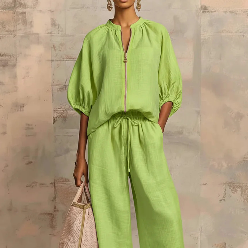Women's Solid 2-Piece Tracksuit Set with Puff Sleeves & Wide-Leg Pants