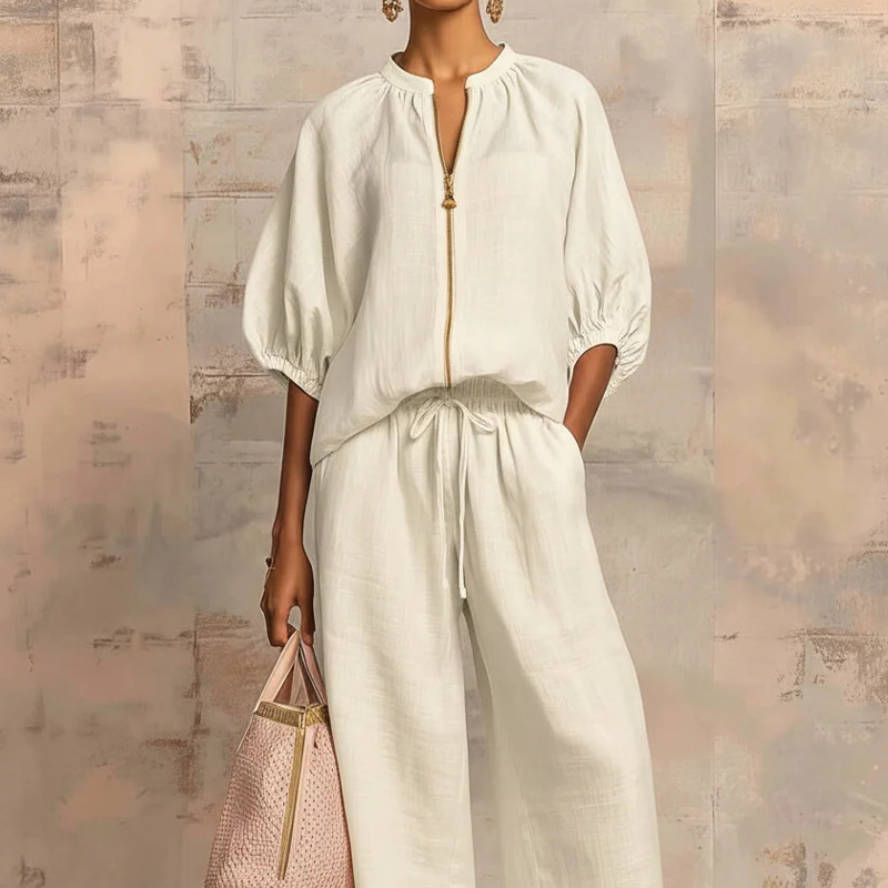 Women's Solid 2-Piece Tracksuit Set with Puff Sleeves & Wide-Leg Pants