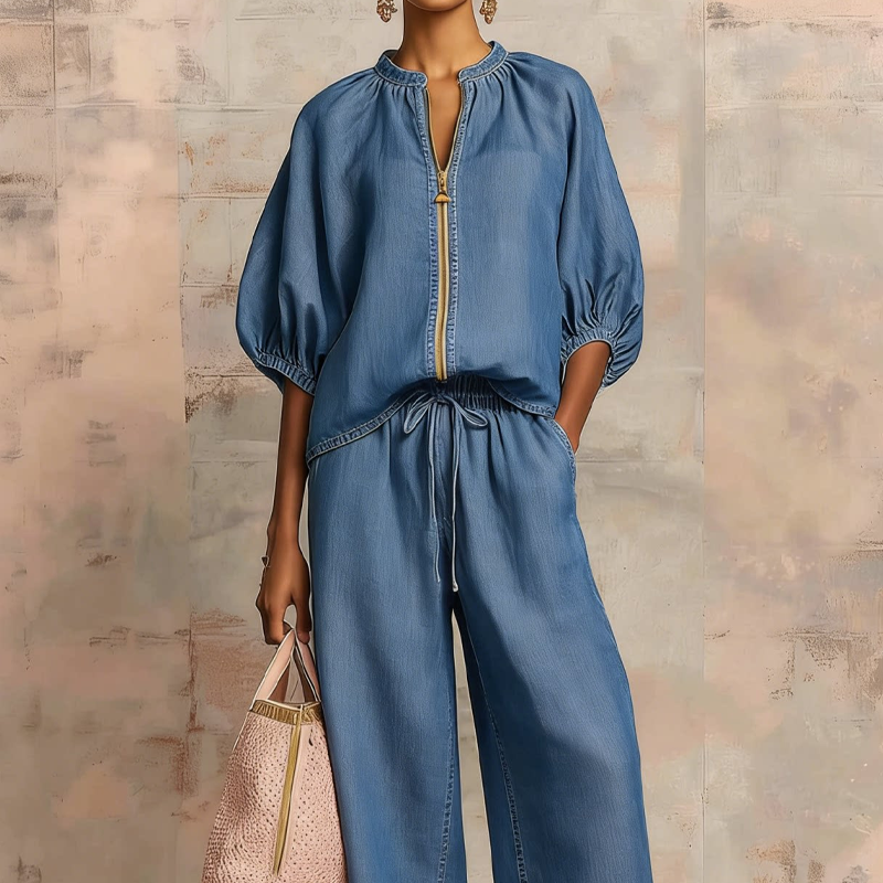Women's Solid 2-Piece Tracksuit Set with Puff Sleeves & Wide-Leg Pants
