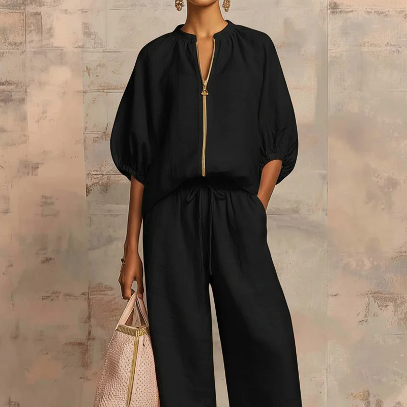 Women's Solid 2-Piece Tracksuit Set with Puff Sleeves & Wide-Leg Pants