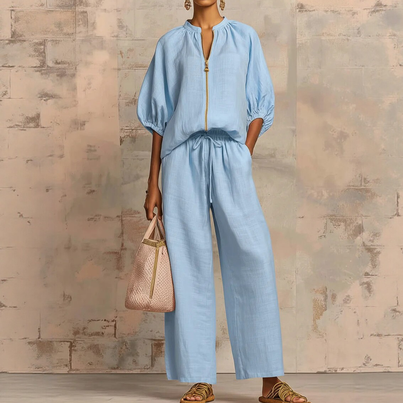 Women's Solid 2-Piece Tracksuit Set with Puff Sleeves & Wide-Leg Pants